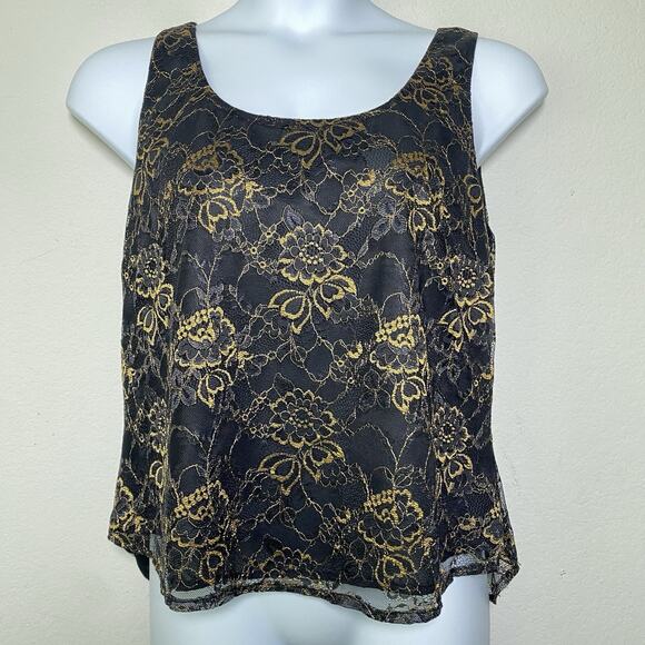 Lauren Ralph Lauren Black Gold Sleeveless Floral Lace Tank 16 Whimsigoth Romance - Picture 1 of 10